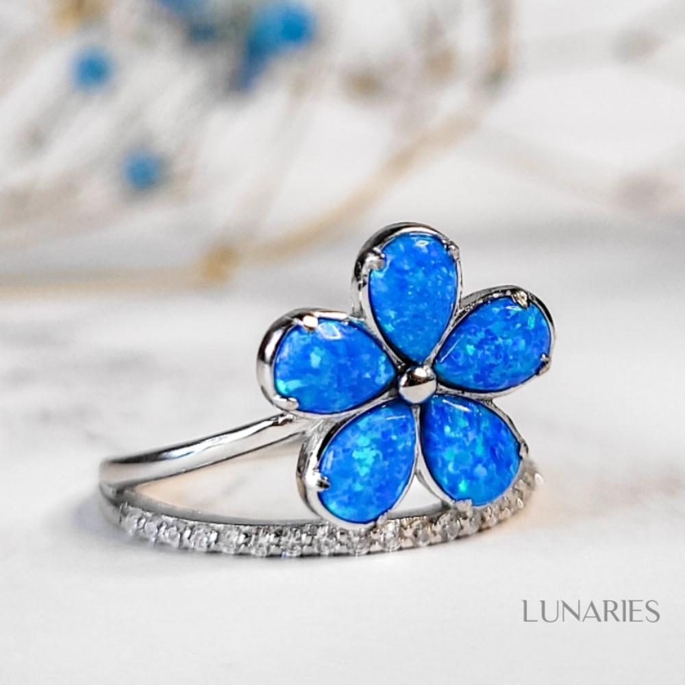 925 Sterling Silver Blue Opal Flower Ring with Cubic Zirconia Accents